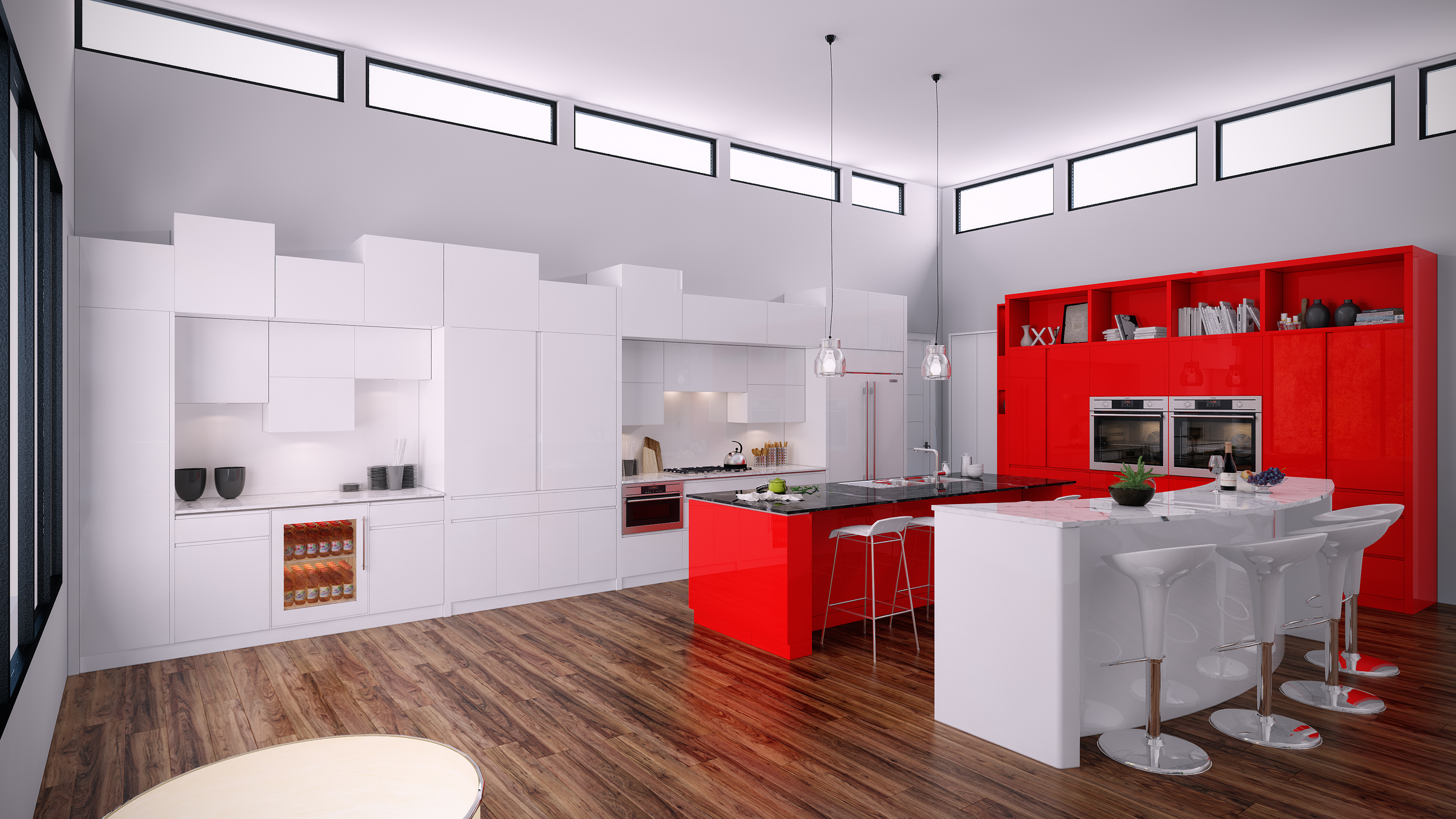 Kitchen with custom white and red cabinets